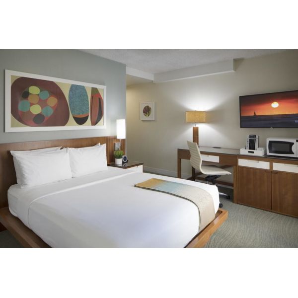 Hospitality Room Furniture Modern design Walnut wood King bed and Combined TV cabinet with Glass top Desk in KD cartons