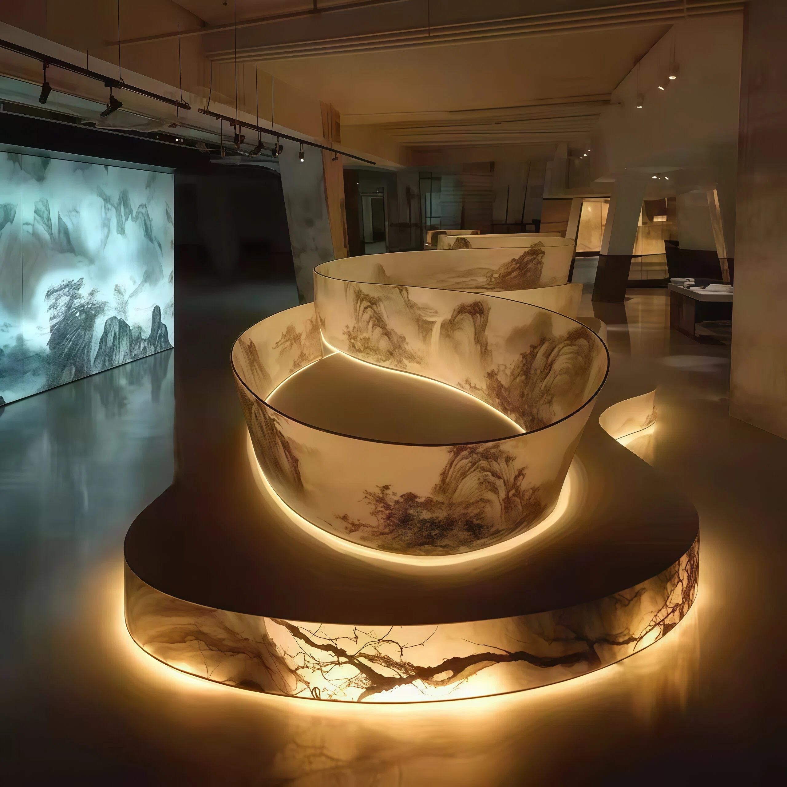 JYLIGHTING Chinese Landscape Printed PET Spiral Art Installation Light, Custom Curved Ribbon LED Sculpture Lighting for Banquet Hall & Hotel Lobby