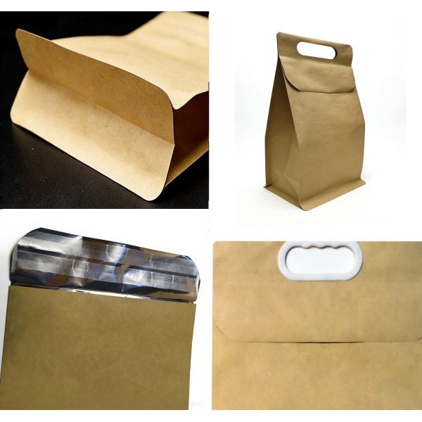 Custom Kraft Paper Self-Adhesive Bags with Aluminum Foil Liner+Handle-Reusable Stand-Up Pouches Waterproof Tear-Resistant for Packaging