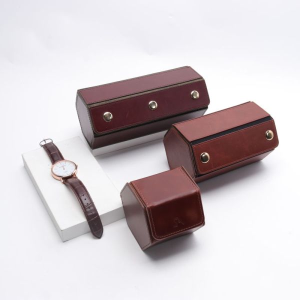 Personalized Hexagon Leather Watch Boxes Genuine Leather Watch Roll Box Two Watches