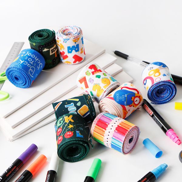 Jute/Polyester Wired Burlap Ribbon for School Season Blue Pot and Rainbow Print Design