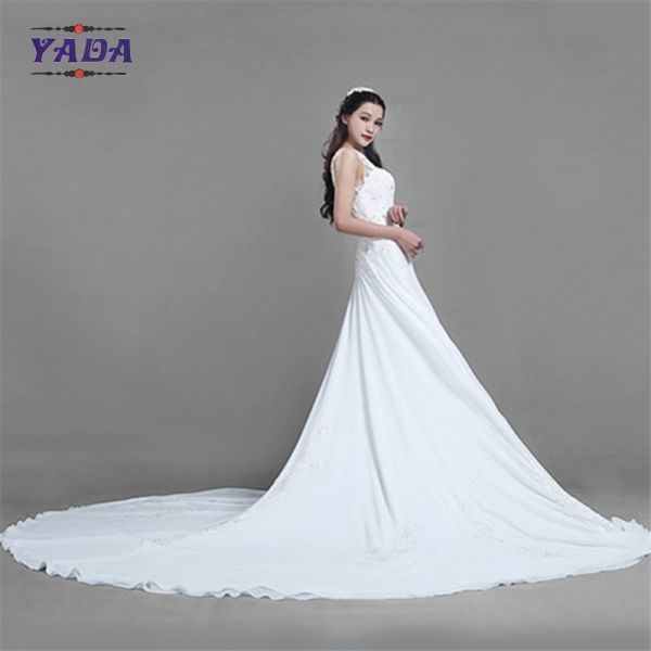 New fashionable beaded embroidery sleeveless lace princess a line sexy wedding dress with long train