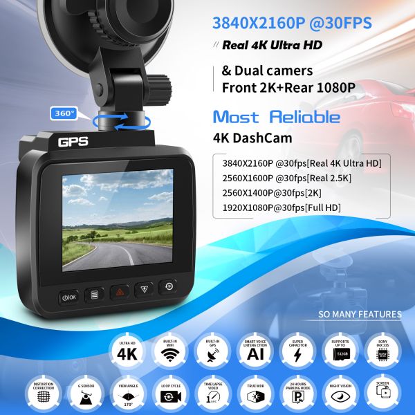 обнаружение движения G-датчика ночного видения WDR встроенное GPS Wi-Fi камеры DVR автомобиля записи объектива 4K UHD кулачка черточки 70mi двойное
