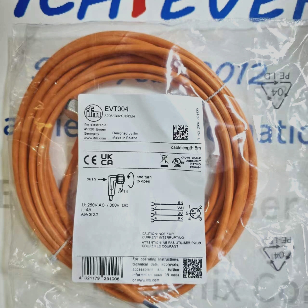 IFM EVT004 M12 Angled Female Connecting Cable