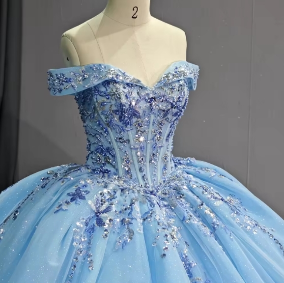Glitter Off-the-shoulder V-neck Appliqued Lace Beaded Chapel Train Ball Gown Long Blue Tulle Quinceanera Dress 