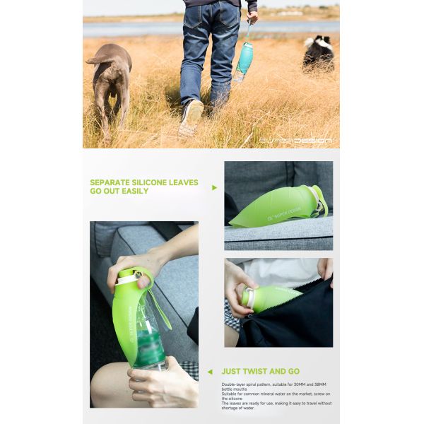 Botella portátil de agua de silicona a prueba de fugas para perros para pasear Dispensador de agua para perros