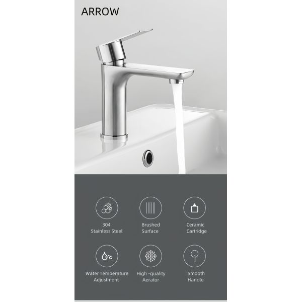 ARROW Modern Single Handle Stainless Steel Basin Mixer Faucet with Ceramic Valve and Waterfall Design for Bathroom Sink
