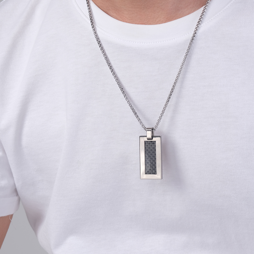 Stainless Steel and Carbon Fiber Square Religious Cross Pendant Necklace for Men , Stainless Steel Christian Jewelry