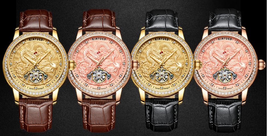 Dragon Embossed Automatic Mechanical Watch Rose Gold Metal Case