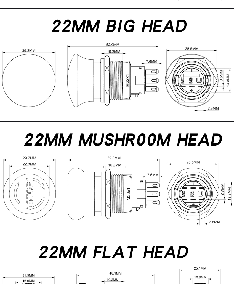 16/19/22MM Waterproof Stainless Steel Mushroom Head Switch Explosion-Proof Emergency Stop Power Button IP65 Level 220V Control