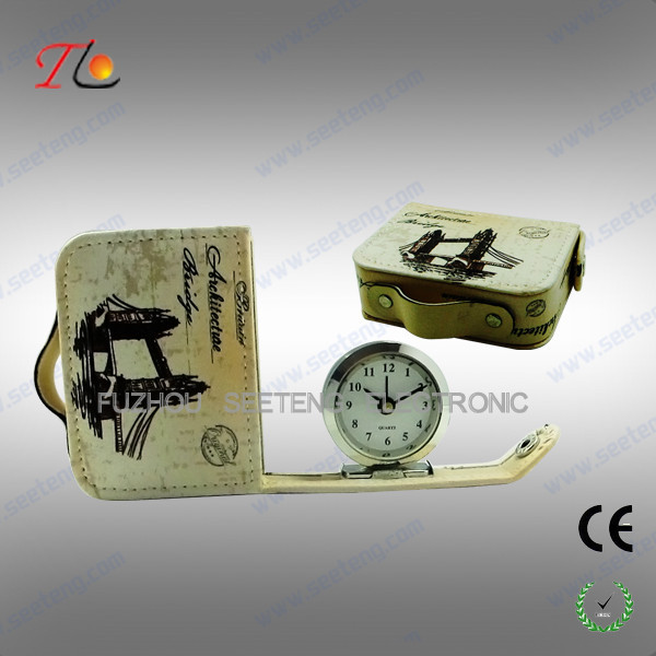 New portable and folding 3D flower printing PU Paris travel alarm clock for promotion