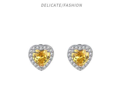 Europe and Japan Style S925 Sterling Silver Heart-Shaped Earrings with Yellow Diamond
