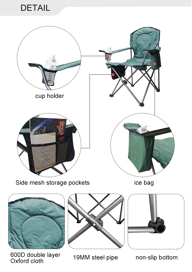 Luxury Support Folding Camping Fishing Lawn Chair Hard Arm High Back With Cooler Bag
