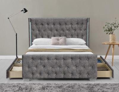 Wing Back Ottoman Tufted Storage Bed King Size Wood Sliver Grey Crushed Velvet With Headboard