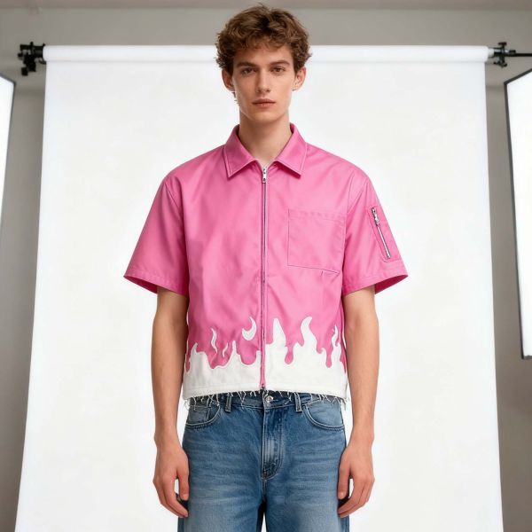Custom Distressed Applique Embroidery Pu Shirt Zip up Summer Short Sleeve Hip Hop Oversized Leather Shirt for Men