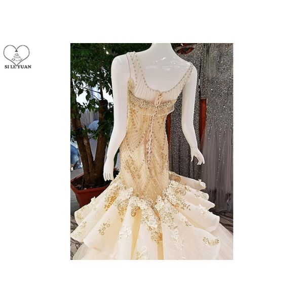 Puffy Tailor Made Prom Dresses / Champagne Fishtail Prom Dress Lace Flowers