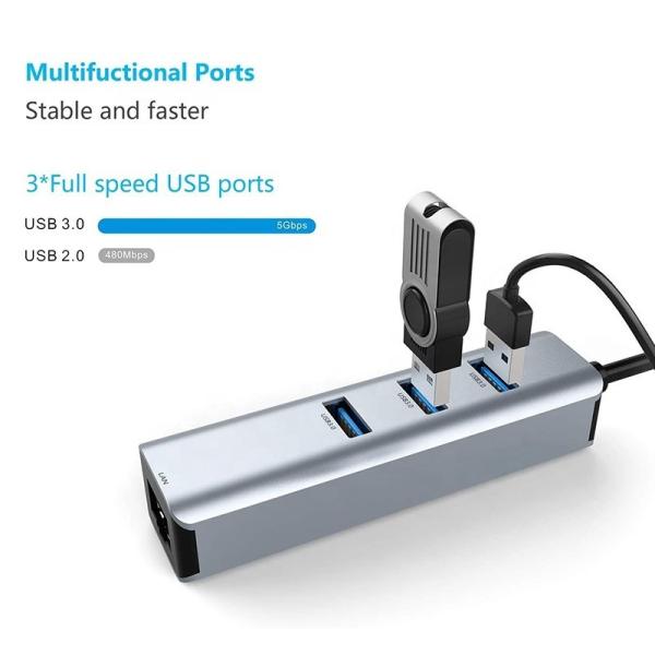 USB 3.0 à 3 ports USB Hub et adaptateur Ethernet à 1000 Mbps pour une compatibilité homme-femme