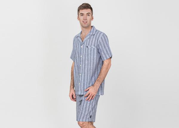 Anti Pilling Mens Luxury Sleepwear Woven Cotton Linen Yarn Dyed Pajamas Shorts