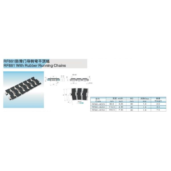 RF881TAB TABLE TOP CHAINS WITH RUBBER TOP SIDE FLEXING METAL CONVEYOR TOP CHAINS