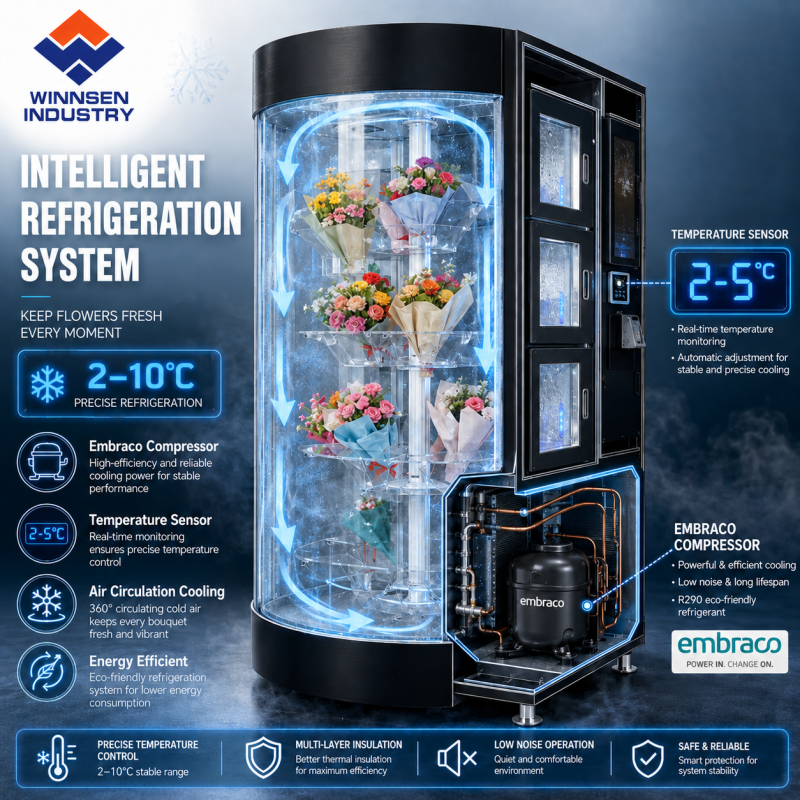 Winnsen Transparent Shelf Flower Vending Machine with Humidification System and 22 Inch Touch Screen