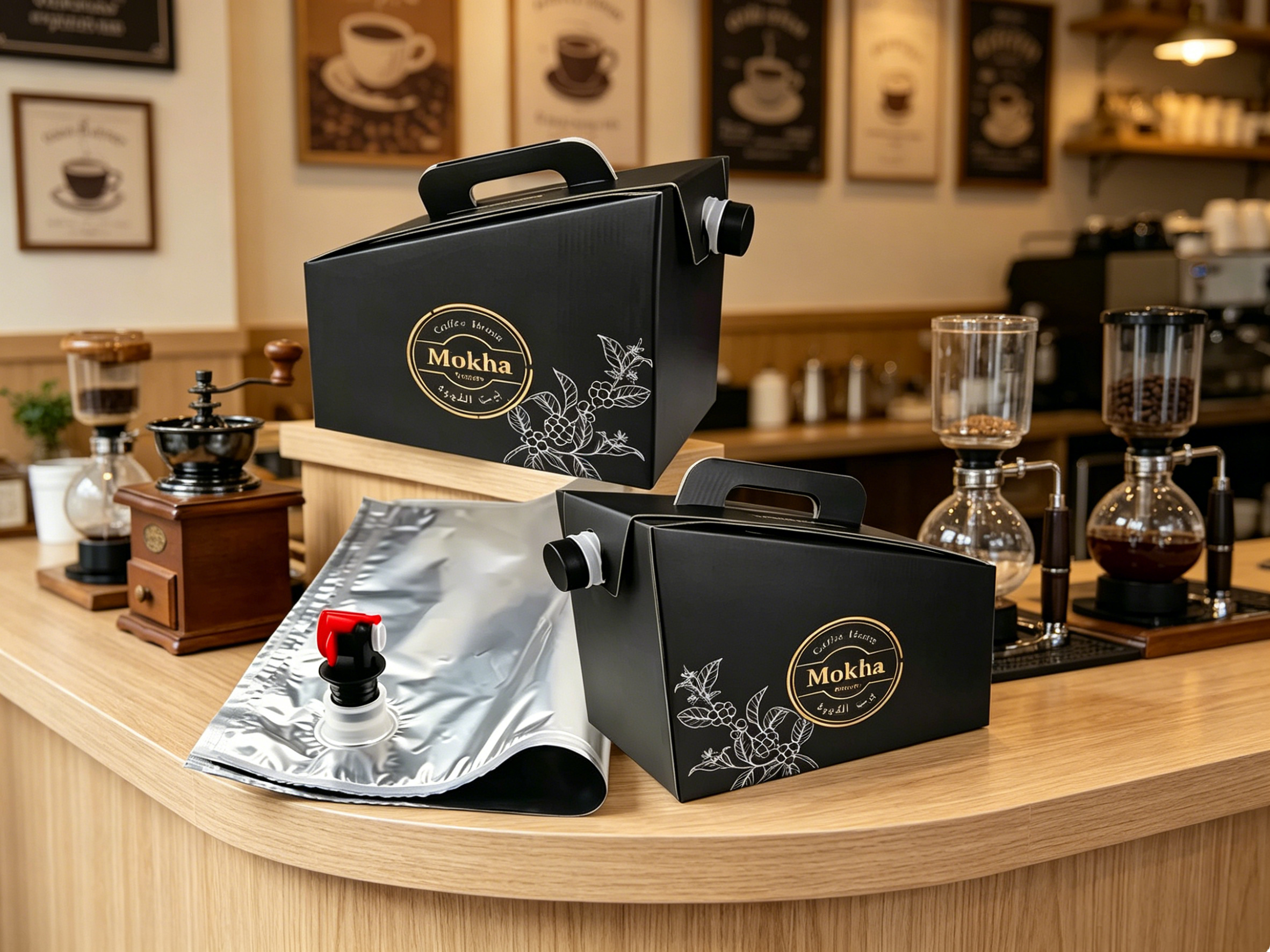 Custom Printed Black Coffee Box With Handle & Aluminum Foil Bag In Box Tap Liner | Disposable Bag In Box Coffee Packaging Set For Cold Brew & Liquid Coffee