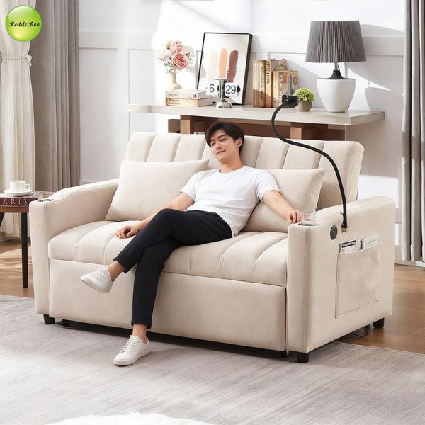 Modern Fabric Pull Out Sofa Bed with USB Charging Port & Cup Holder Saving-Sapce 2 Seater Sofa Convertible Sleeping Folding Sofa Bed
