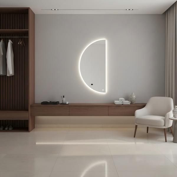 Kingstin Smart Half Moon LED Mirror Backlit Semicircle Wall Mirror Dimmable Touch Switch Makeup Mirror for Bathroom Decor
