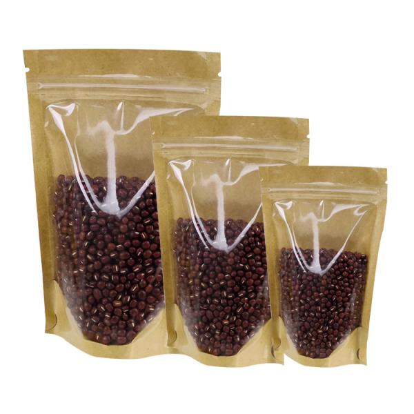 Clear Front Back Stand Up Resealable Kraft Paper Ziplock Bags For Food Dry Nuts Tea Leaves Packaging Storage
