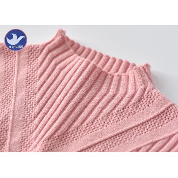 High Collar Ribs Girls Light Pink Sweater , Cotton Knit Sweater For Little Girl