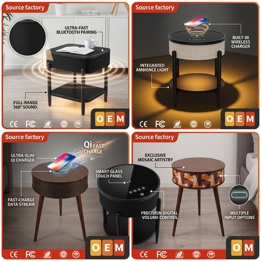 Bluetooth Speaker Table ATC639 65W RMS 5.0 Charging MDF Wireless Charging Nightstand