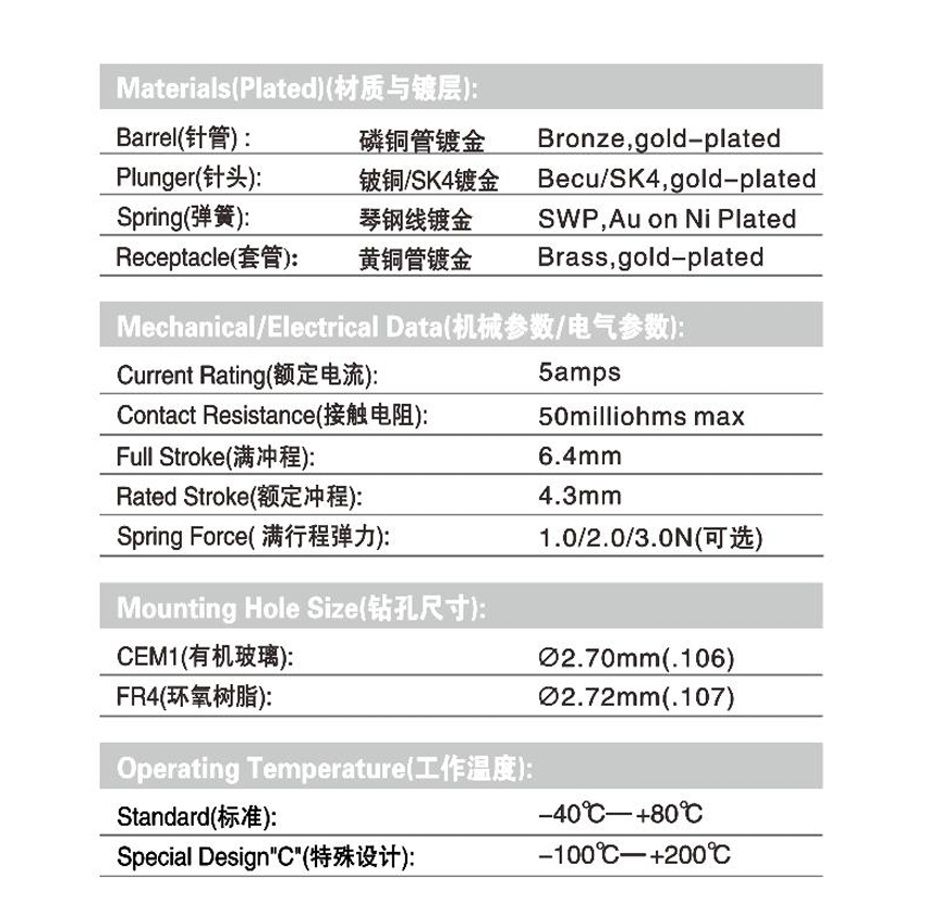 Brass Barrel Stainless Steel Spring Test Probe with 1.0/2.0/3.0N Spring Force for ICT Applications