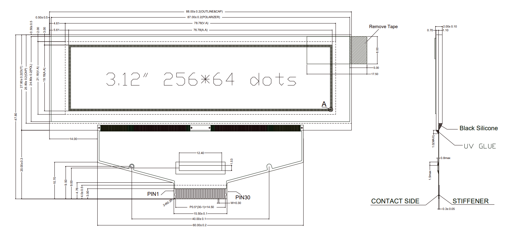 SAEF Промышленный класс 3.12 дюймовый OLED дисплей 256x64 пикселя 30 пин COF SPI/Паралельный/I2C интерфейс