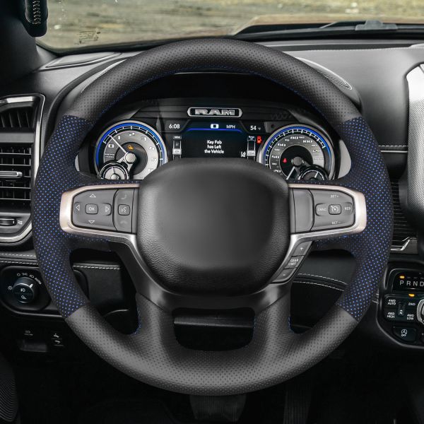 Hand Stitched Blue Luxurious Suede Steering Wheel Cover for Dodge RAM 1500 RAM 2019-2023