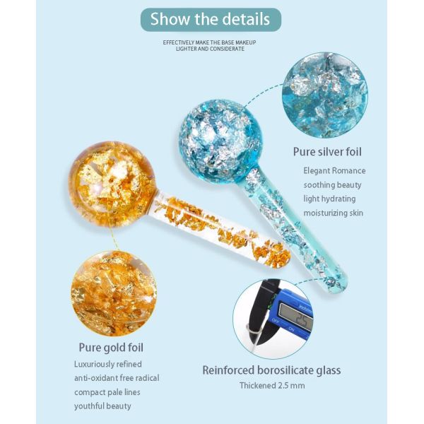 Borosilicate Glass 24K Gold Foil Ice Globes for Facial Massager to Reduce Puffiness Inflammation and Bags Under Eyes