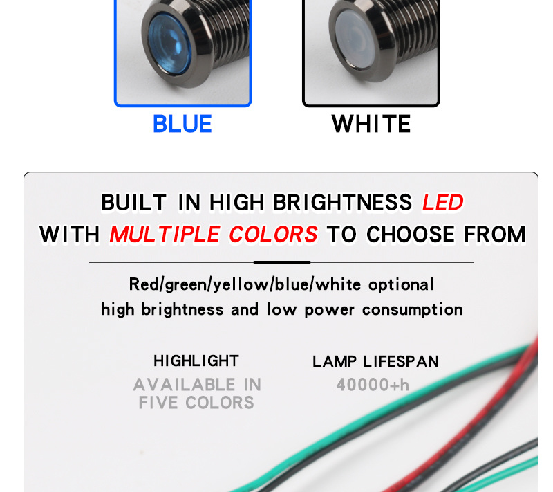 8MM Metal Indicator Light, LED Strip Light With Waterproof Function Oxidized Black Shell, Red Green Yellow Blue White 6V12V24V