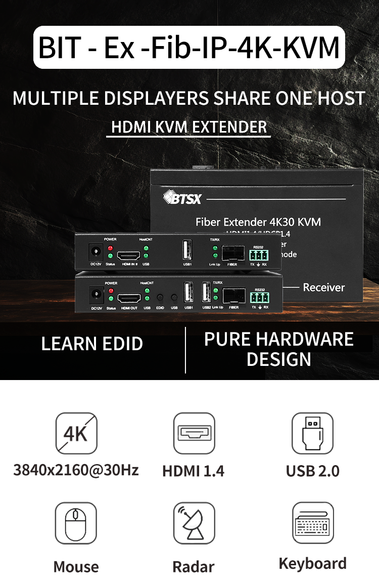 Zero Delay 30KM Fiber Optic KVM Extender with 4K30 Resolution for Industrial AV Transmission