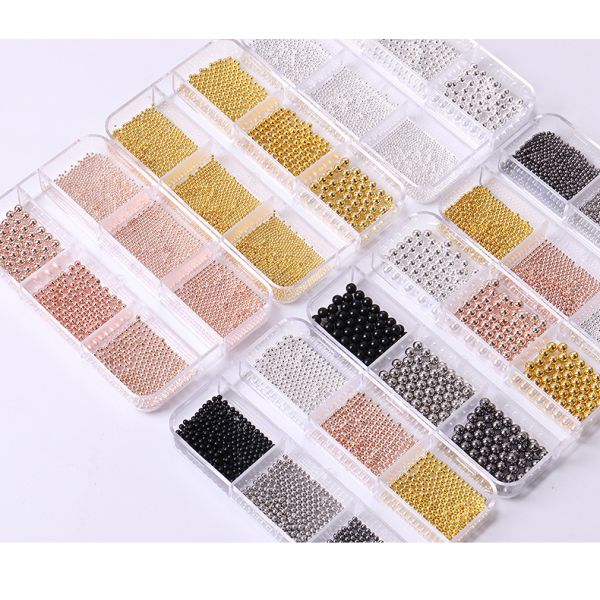 Steel Balls 3D Nail Art Decorations 6 Grid Mixed Metal Round Bead Nail Charms in Bulk