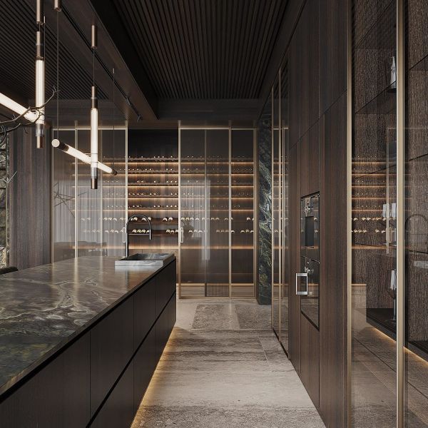 Muebles para el hogar de lujo Modular Veneer de madera de nuez Matt Negro Color Puerta de vidrio Gabinete de cocina Diseño moderno