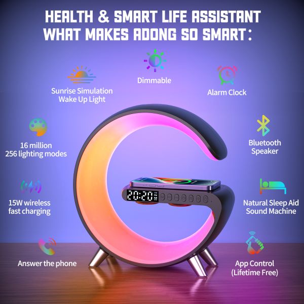 Hands Free Timer Controlled G Shaped Rgb Light Table Lamp With Wireless Charger Bluetooth Speaker
