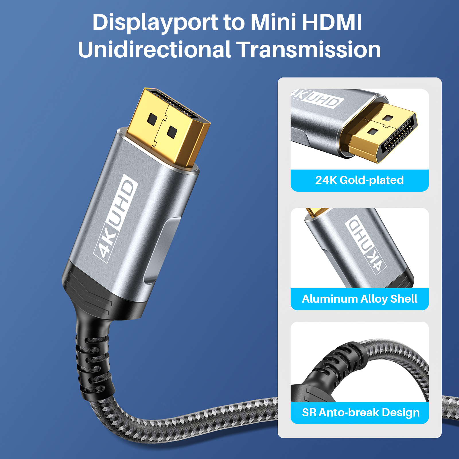 3M 9FT Displayport 1.2 To HDMI Cable 4K 60Hz 2K 120Hz 1080P 240Hz Unidirectional Mini HDMI Cable