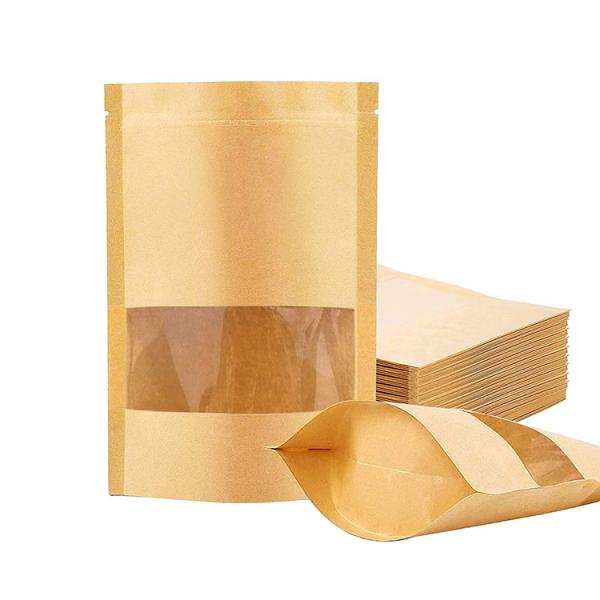 Resealable Zipper And Clear Window  Compostable Stand Up Pouches Natural Kraft Paper Stand Up