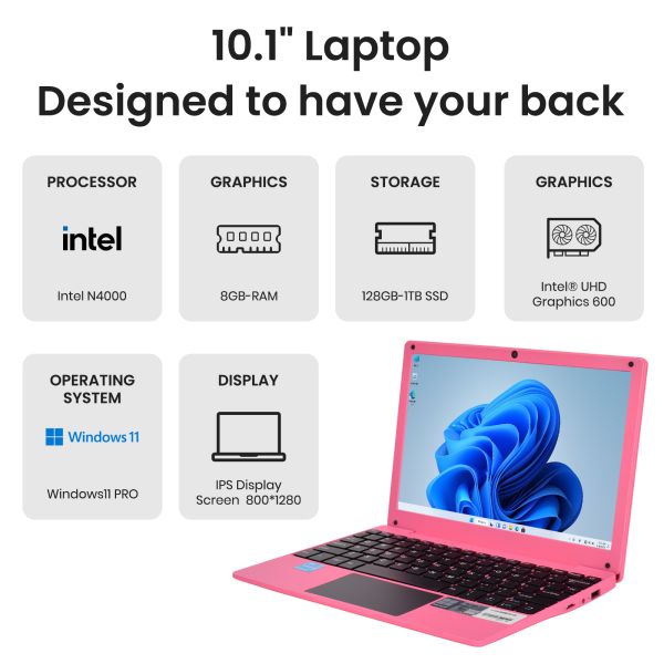 10.1 Inch Slim Portable Laptop with Intel N4000 Dual Core Processor and 128GB SSD for Home & Student