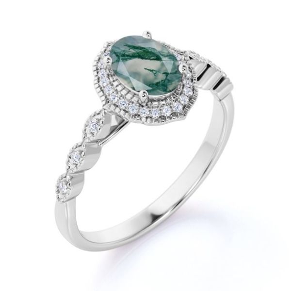 Овал венчика Prong отрезал Milky белый ветвеобразный зеленый агат и обручальное кольцо дизайна Moissanite Miligreen античное