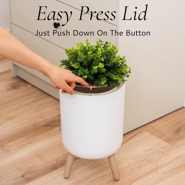 1.8 Gal White Wood Push Small Home Bathroom Trash Can Small Office Bathroom Garbage Can with Plant Style Lid