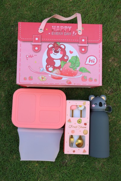 Christmas Silicone Lunch Gift Set – Foldable Bento Box, Stainless Steel Water Bottle, Food Storage Bag & Festive Cutlery | Eco-Friendly Holiday Tableware Bundle