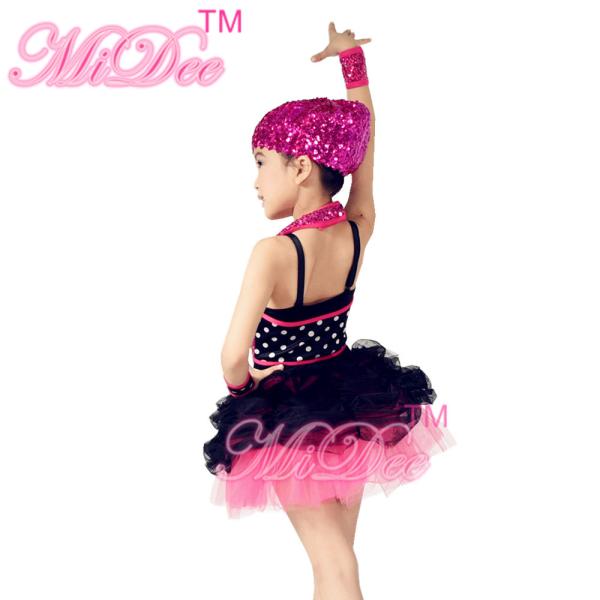 Black Polka Dots Hot Pink Sequin Glitter Dress Dance Costumes For Kids