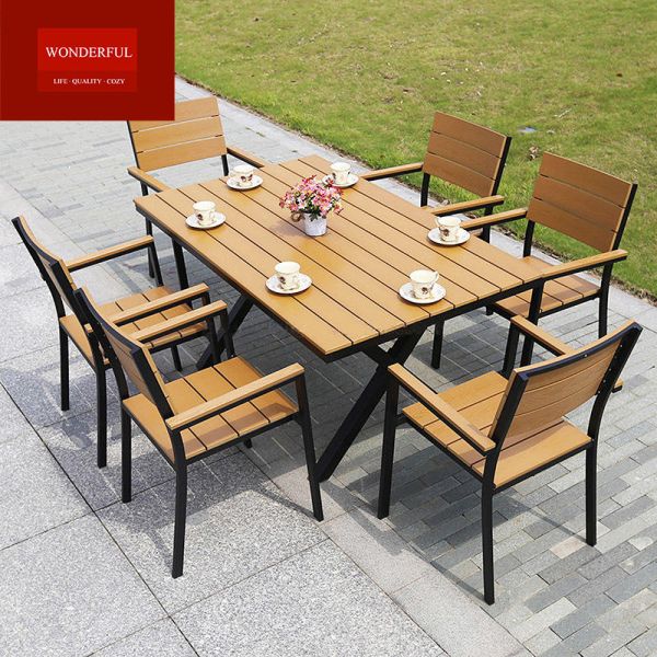 Outdoor Yard Wood Furniture in Black Aluminum Frame with Yellow Plastic Wood Table Set