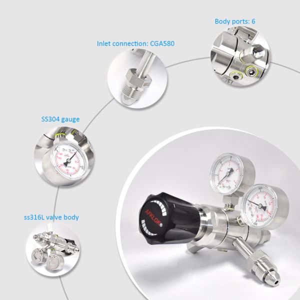 R31 Stainless Steel 316 Pressure Regulator 6 Hole Double Gauge 4000psi