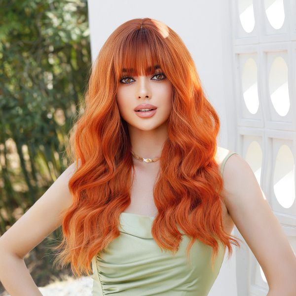 Fashion Long Body Wave Dark Root Hair Orange Synthetic Wigs For Women