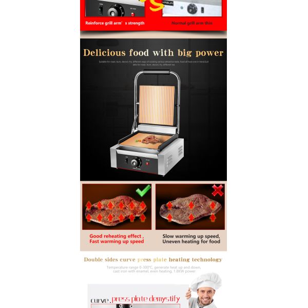 Commercial Electric Panini Maker Grill with Non-Stick Cooking Surface and Sandwich Plates